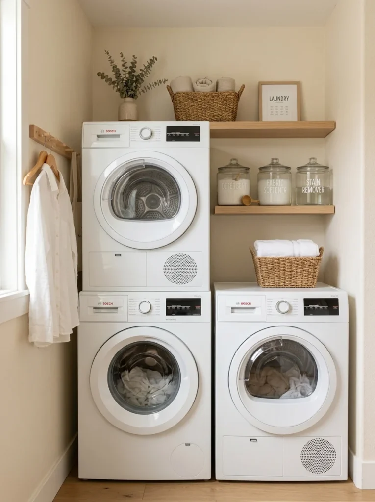 Clear labeled containers organizing laundry detergent and supplies on open shelves.