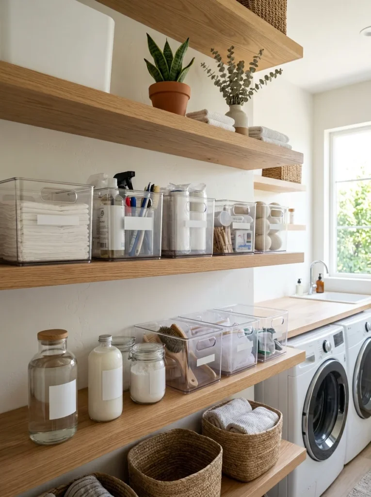 Clear storage bins organizing laundry supplies