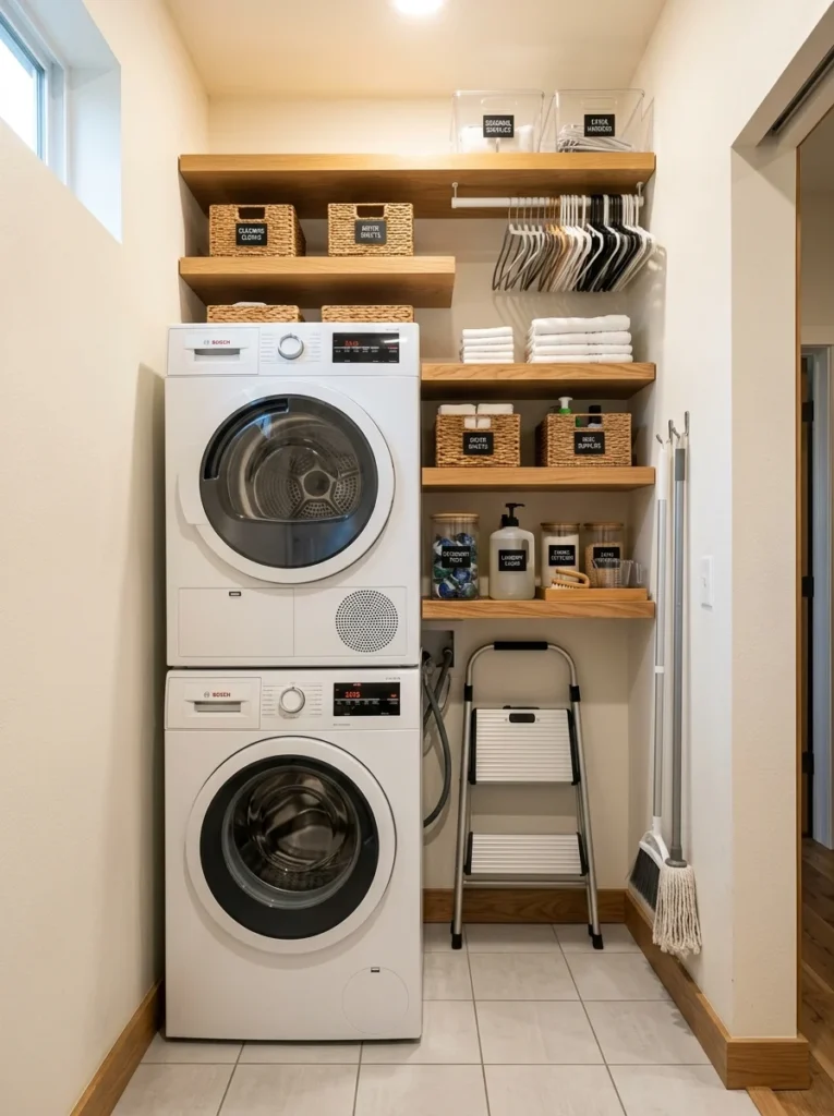 Vertical floating shelves maximizing storage space in a small laundry room.