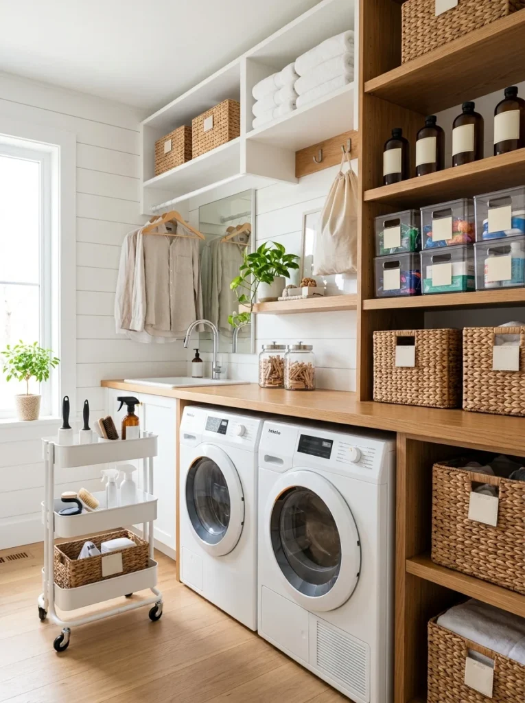 Fully organized laundry room storage system with labeled containers