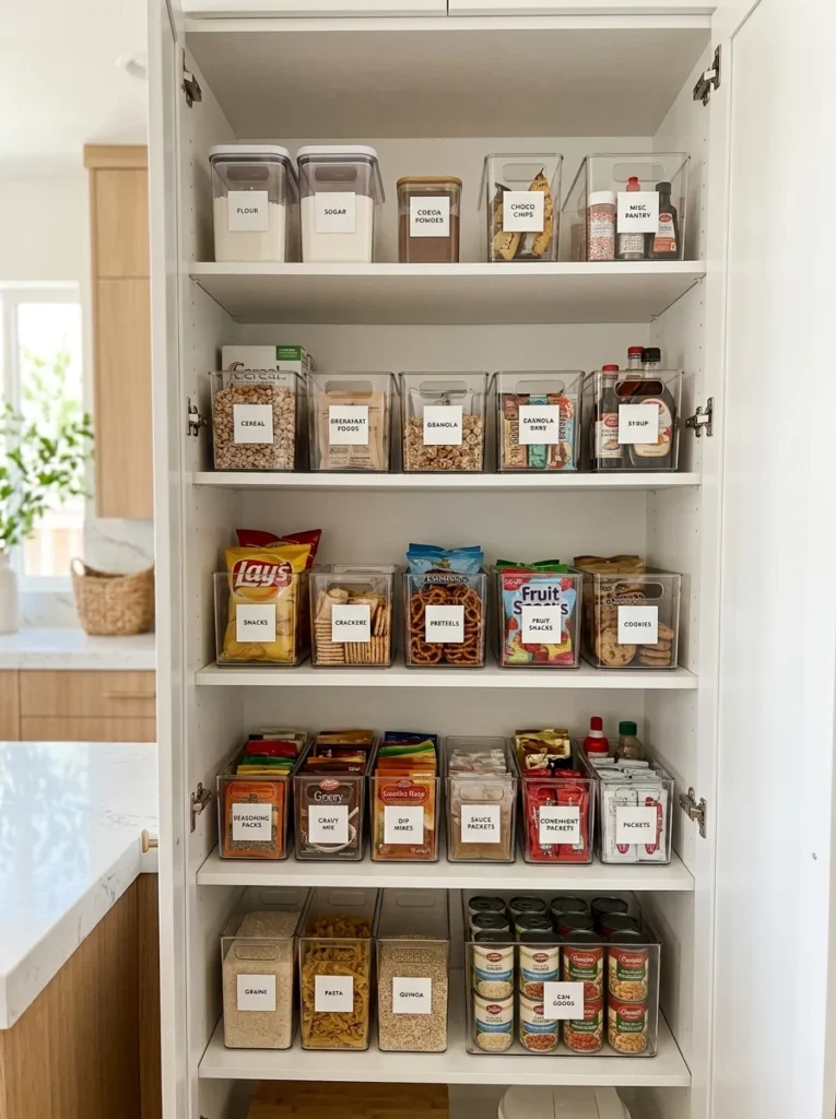 Clear labeled bins organizing small pantry items in a kitchen cabinet