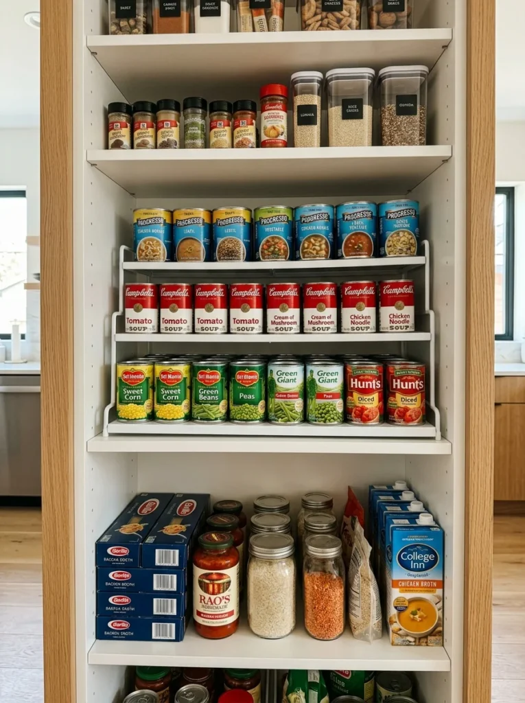 Stepped can organizers keeping canned food neatly arranged
