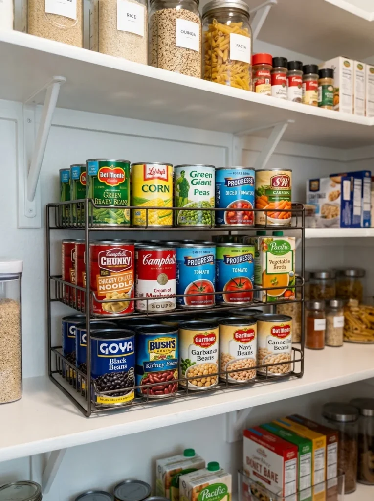 Stackable organizers displaying canned goods in a pantry