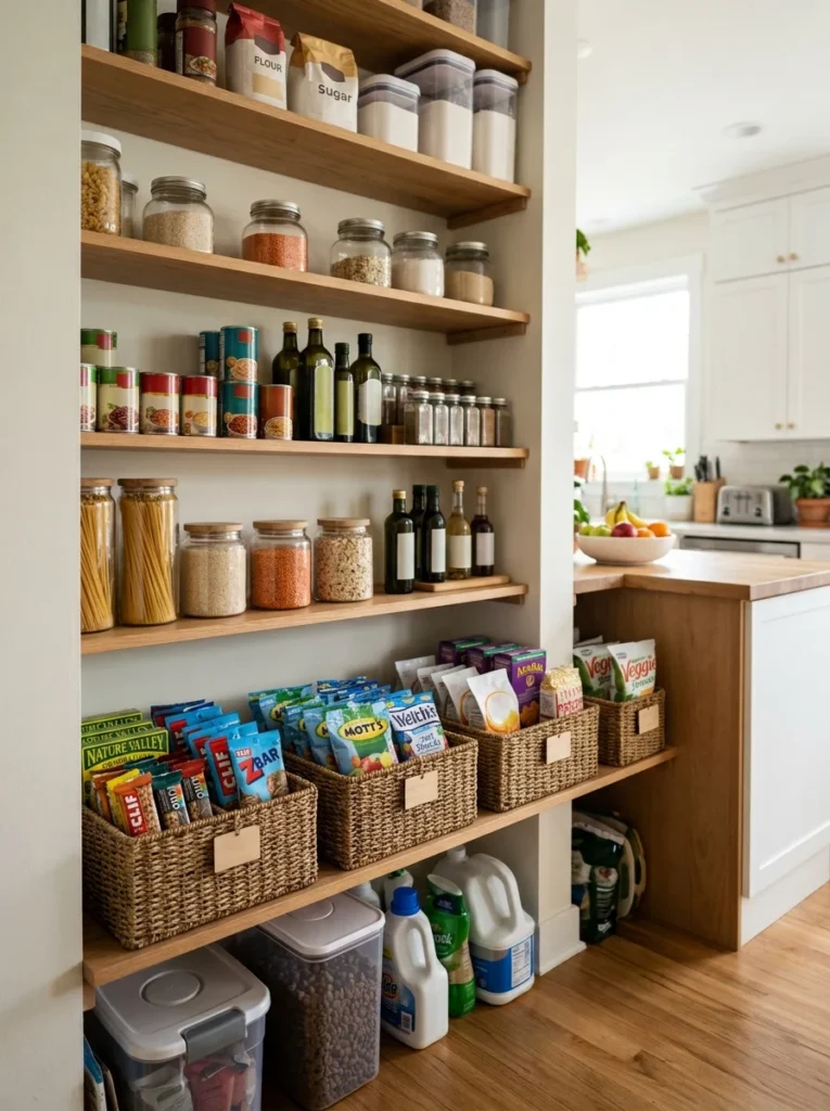 Kid-accessible snack zone organized in a family pantry
