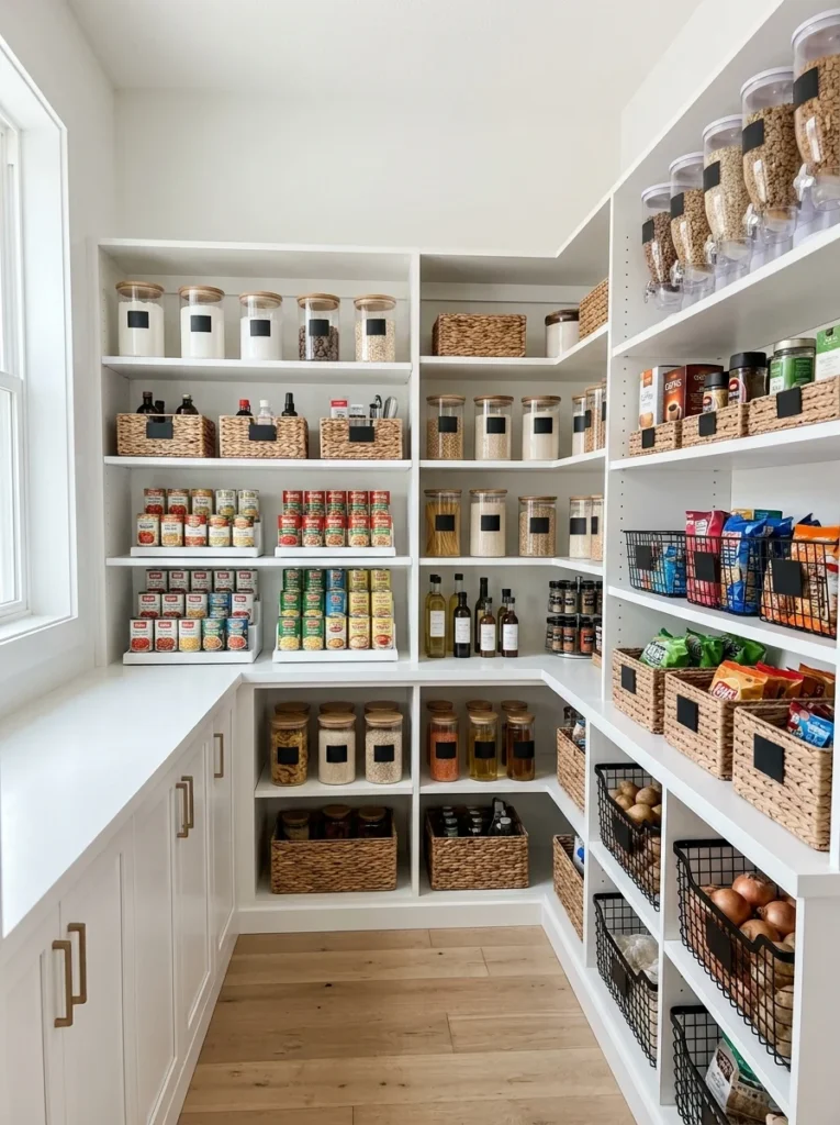 Pantry divided into organized food storage zones