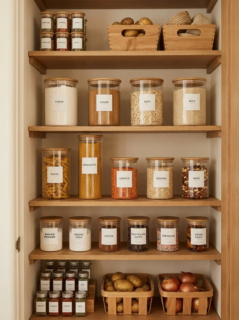 Labeled pantry containers organized neatly on shelves