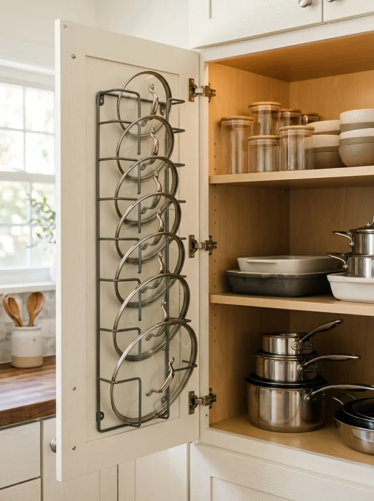 Vertical organizer storing pot lids inside a kitchen cabinet