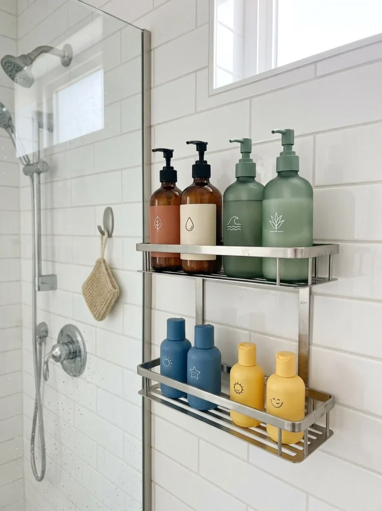 Color-coded bottles organizing products in a shared shower