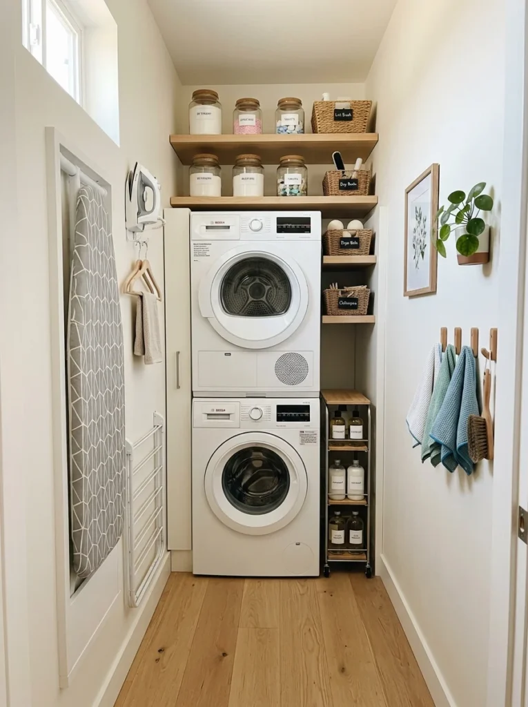 Organized small laundry room with a completely clear and clutter-free floor.