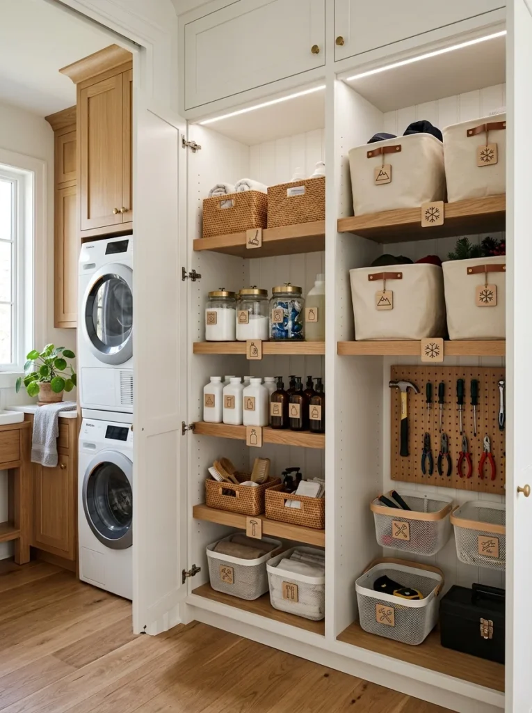 Zoned utility closet for organized laundry supplies