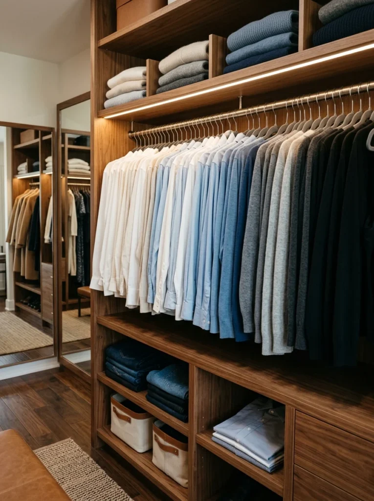 Slim matching hangers creating a polished organized closet