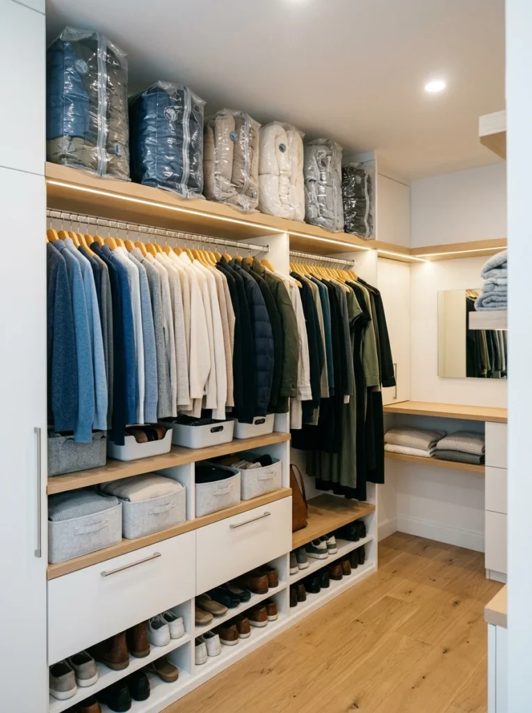 Vacuum bags storing bulky off-season clothing in a closet