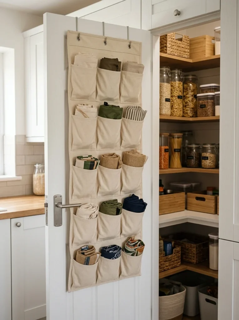 Hanging fabric organizer with individual reusable bag pockets