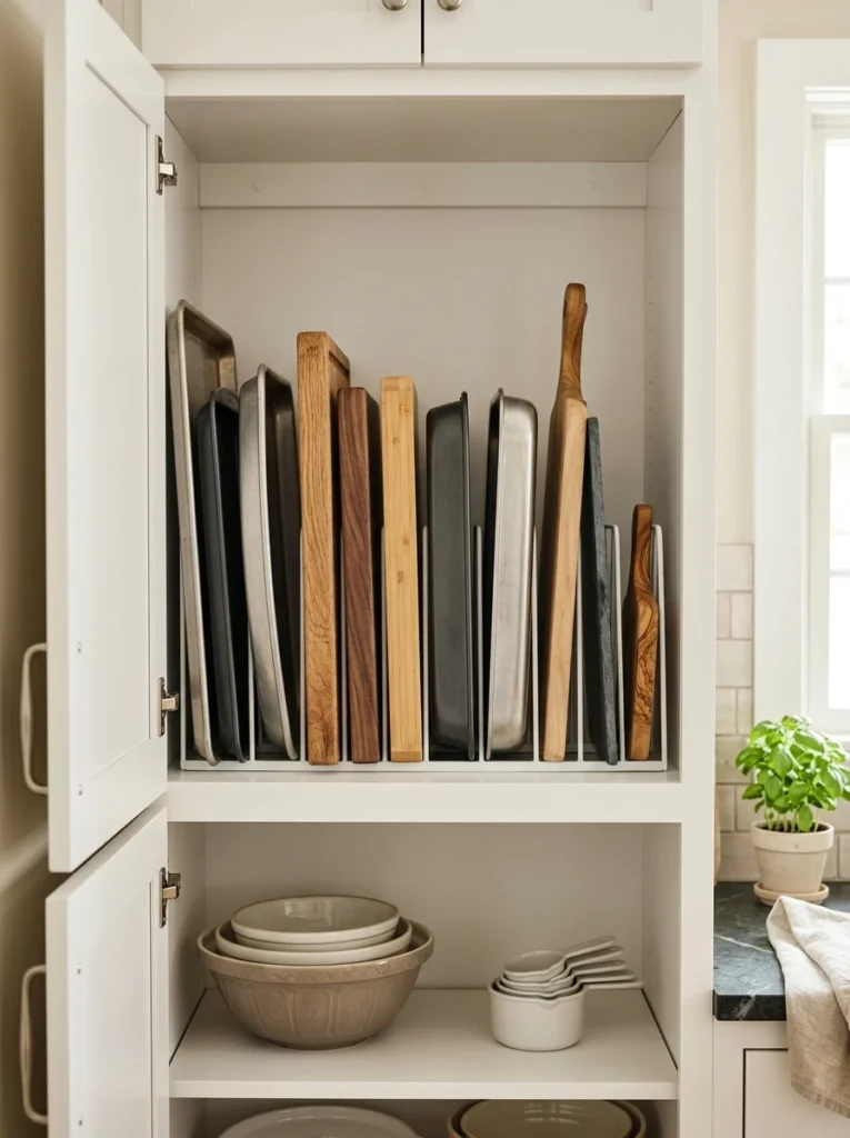 Vertical cabinet dividers organizing baking sheets and cutting boards