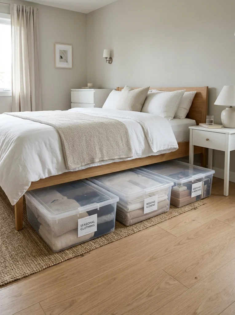 Labeled storage bins organized beneath a bed