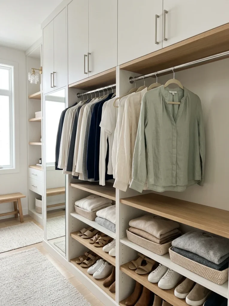 Garment steamer stored in a dedicated closet nook