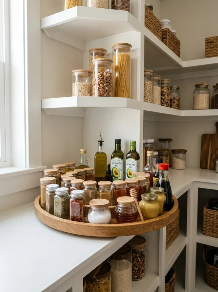 Turntable organizing spices and condiments in a pantry corner
