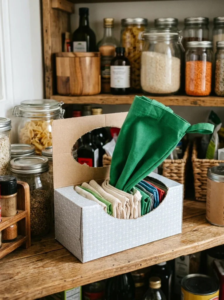 Reusable grocery bags stored in a repurposed tissue box