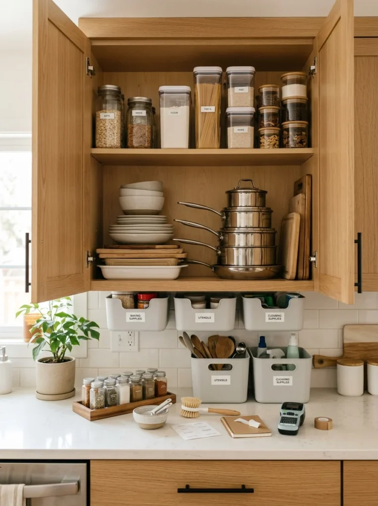 Kitchen cabinets being reorganized during a seasonal refresh