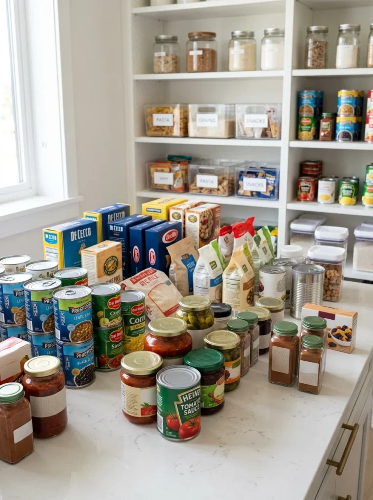 Pantry items being checked for expiration dates during organization