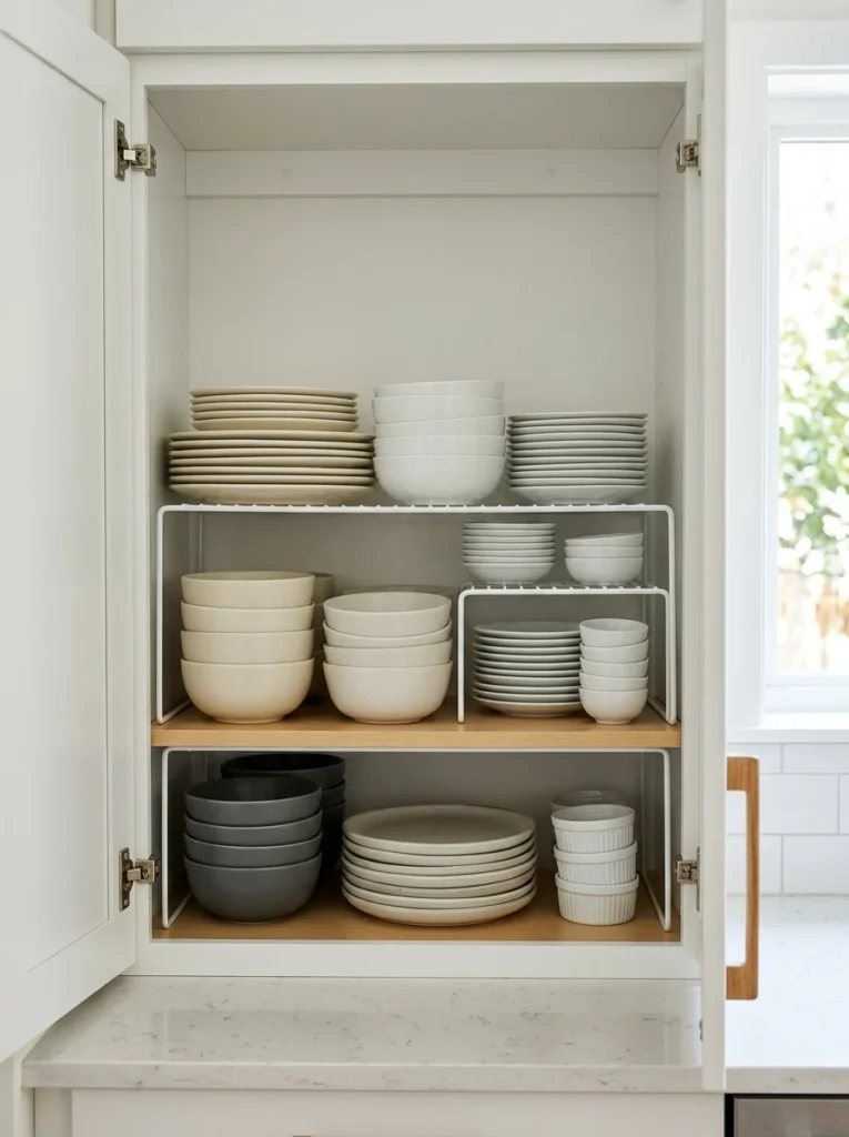 Stackable shelf risers creating extra dish storage in a kitchen cabinet