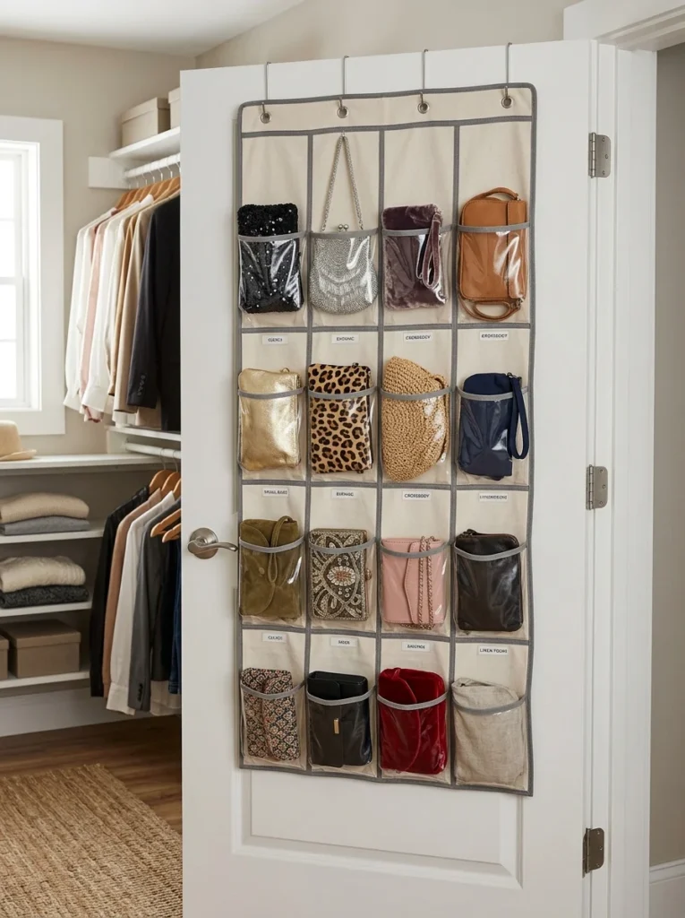 Closet door organizer storing small purses and clutches