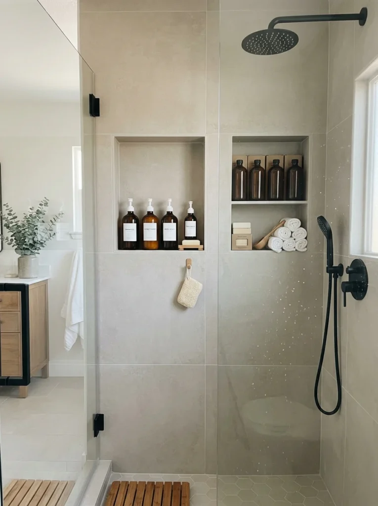 Organized shower storage being refreshed and reassessed