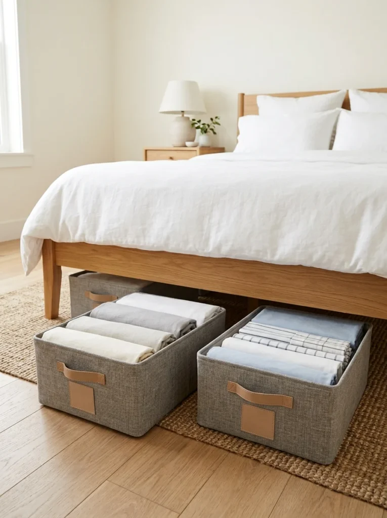 Bed linens organized by size in under-bed storage bins