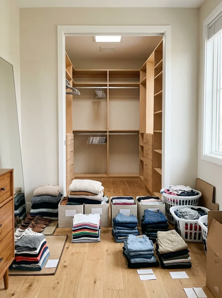 Walk-in closet being completely cleared before organization