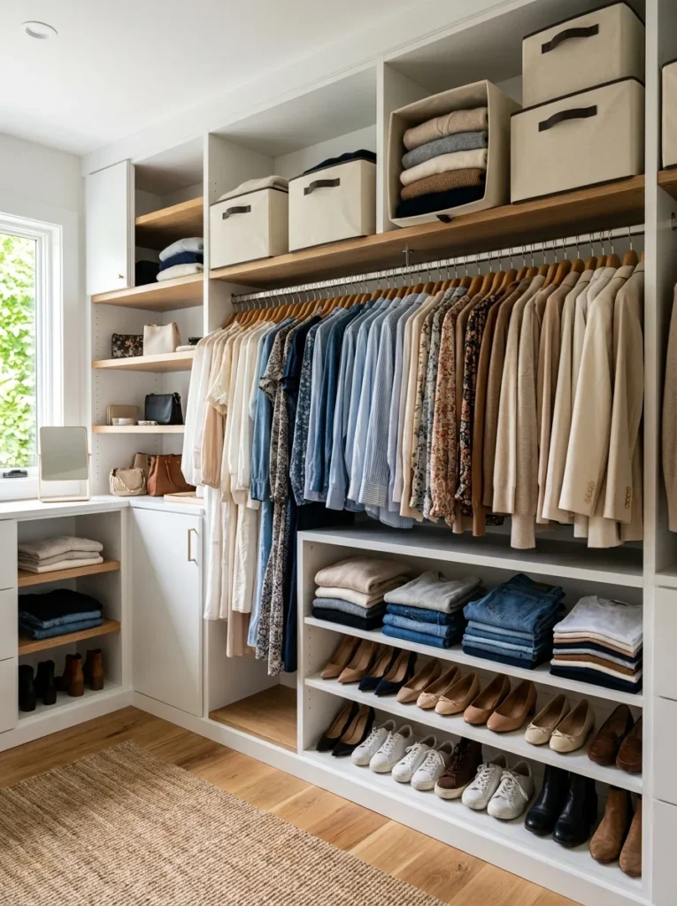 Organized walk-in closet maintained with a one-in one-out system
