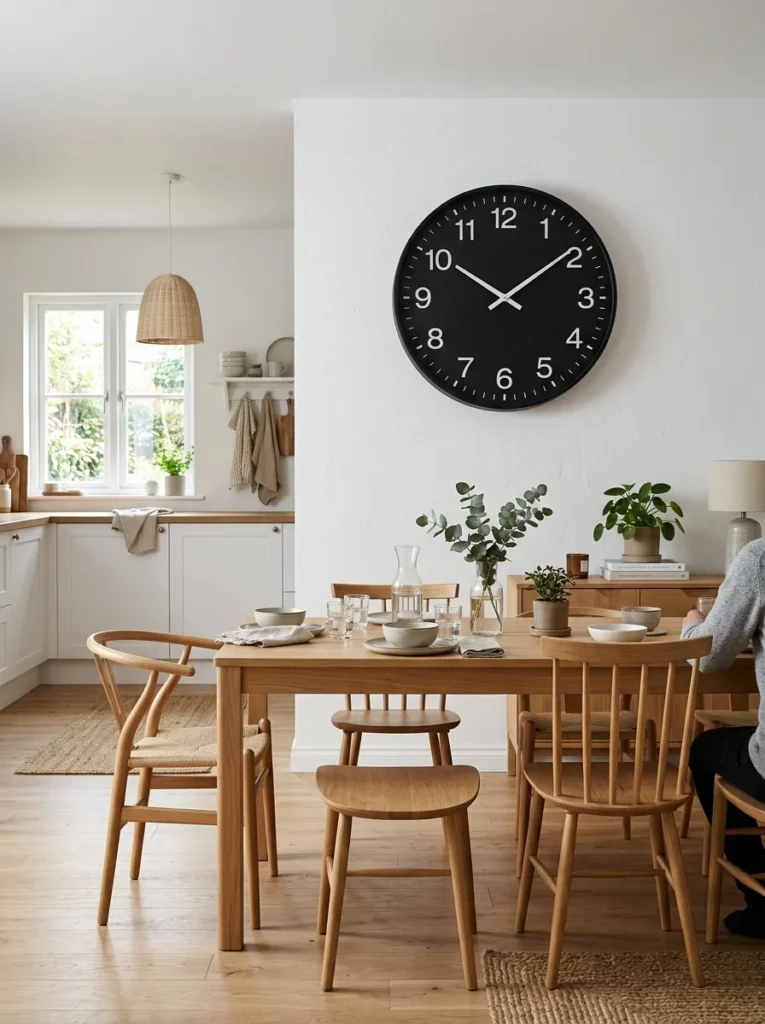 Oversized black wall clock in a modern kitchen.
