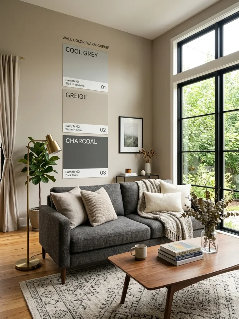 Grey paint undertone comparison in a modern living room.