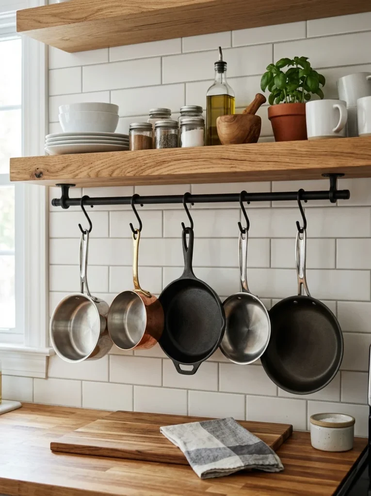 Small pans hanging from hooks beneath open kitchen shelving