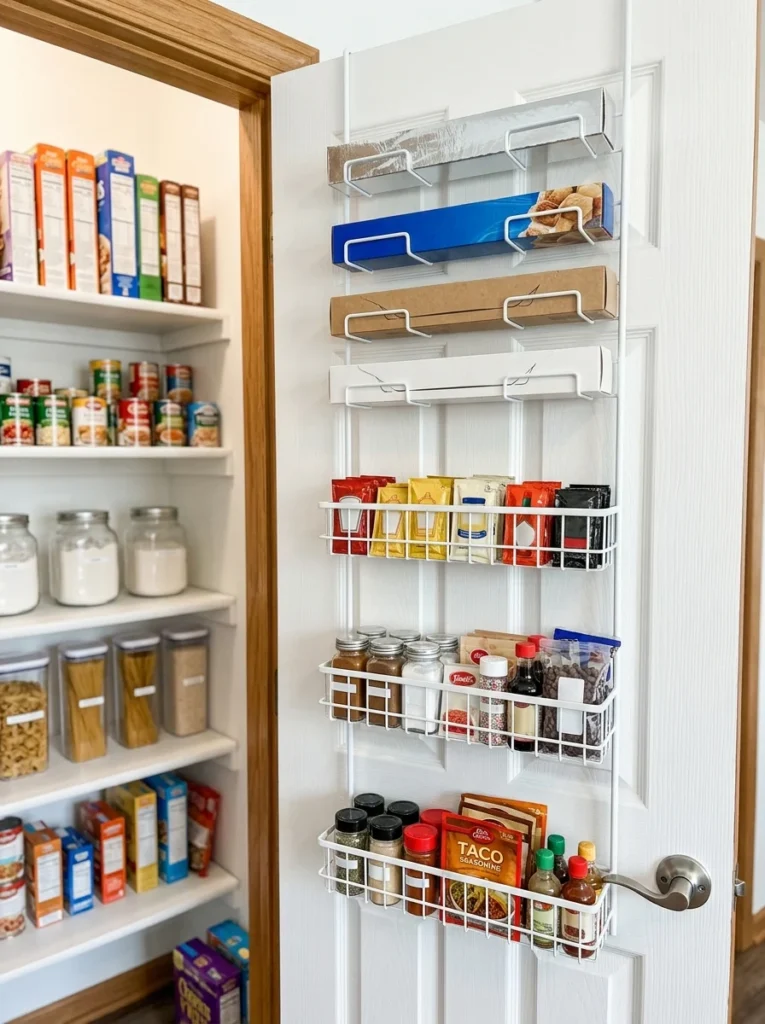 Door-mounted pantry rack organizing small kitchen supplies