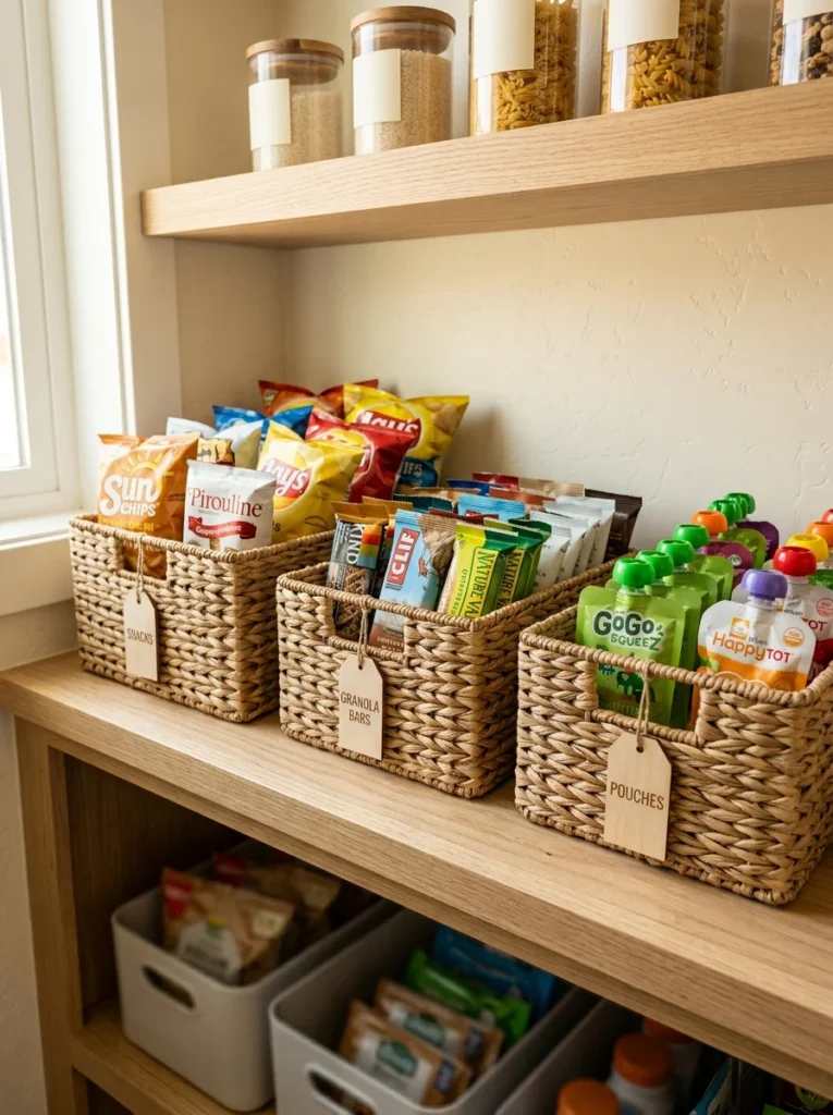 Woven baskets organizing loose snack bags and pouches