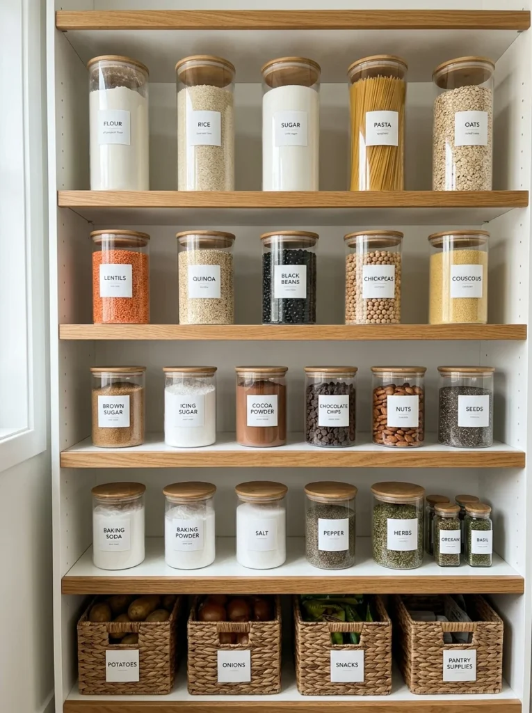 Clear airtight containers organizing bulk pantry staples