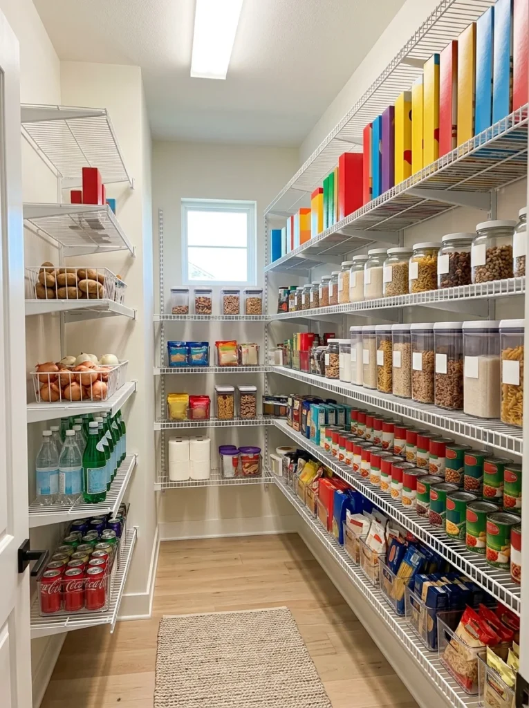 Adjustable wire shelving maximizing pantry storage space