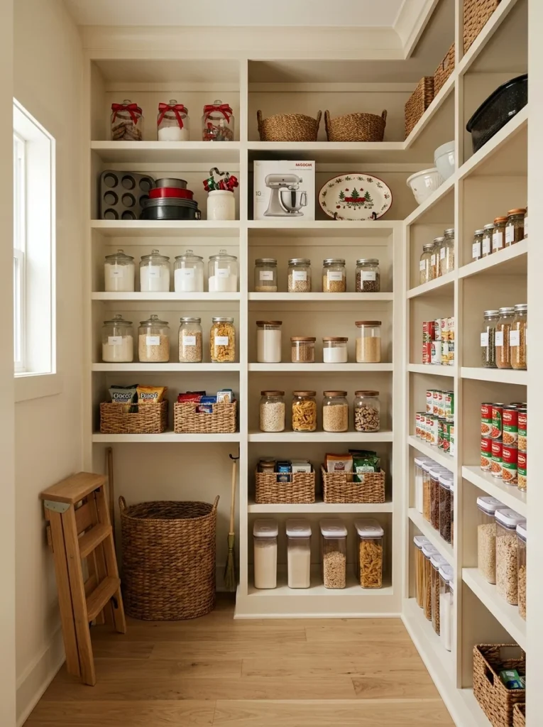 Folding step stool providing safe access to high pantry shelves