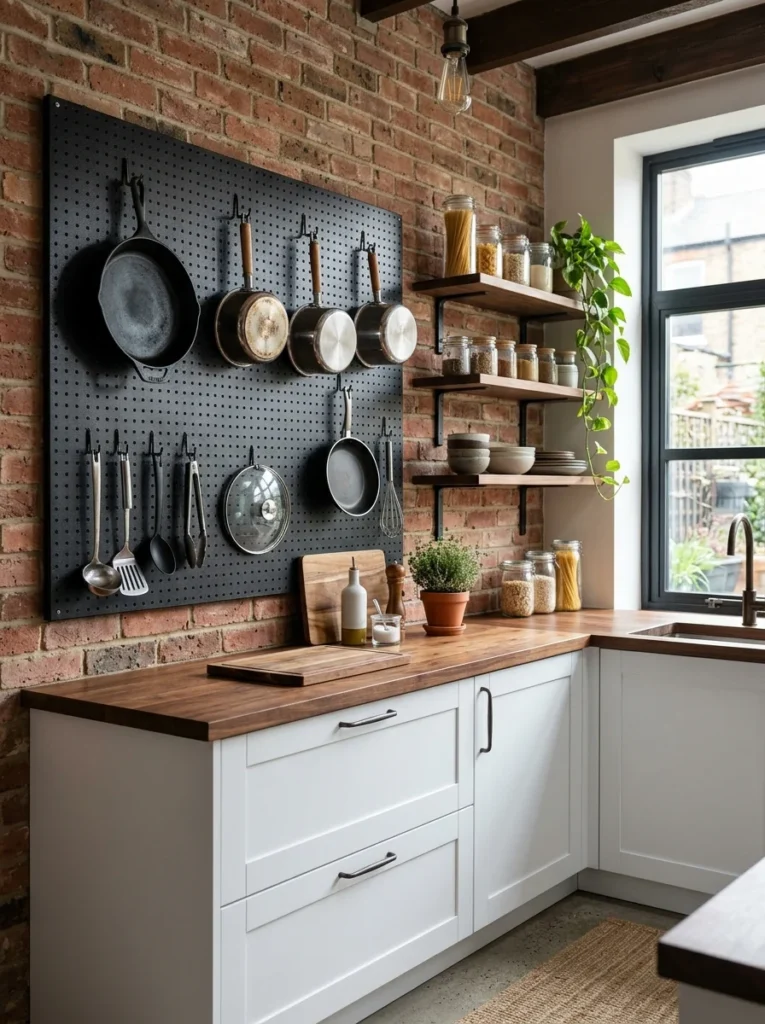 Pegboard wall displaying organized pots and pans