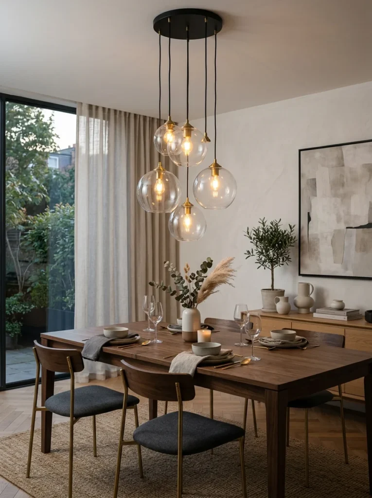 Black linear chandelier contrasting beautifully with a warm walnut dining table.