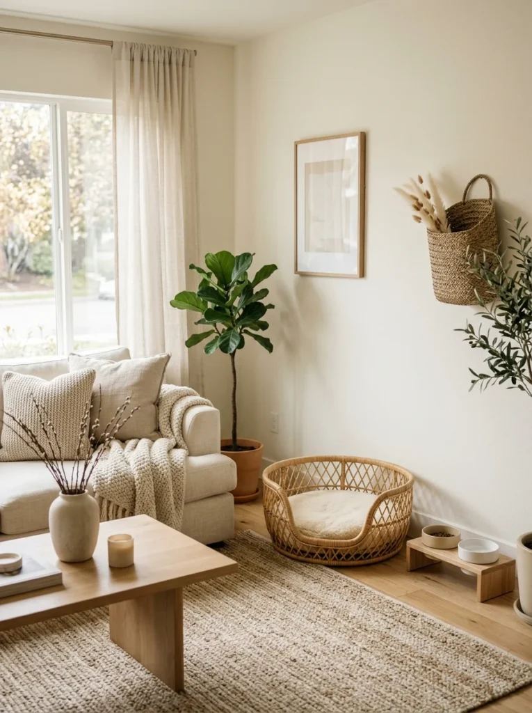 Botanical wallpaper used to define an empty living room corner