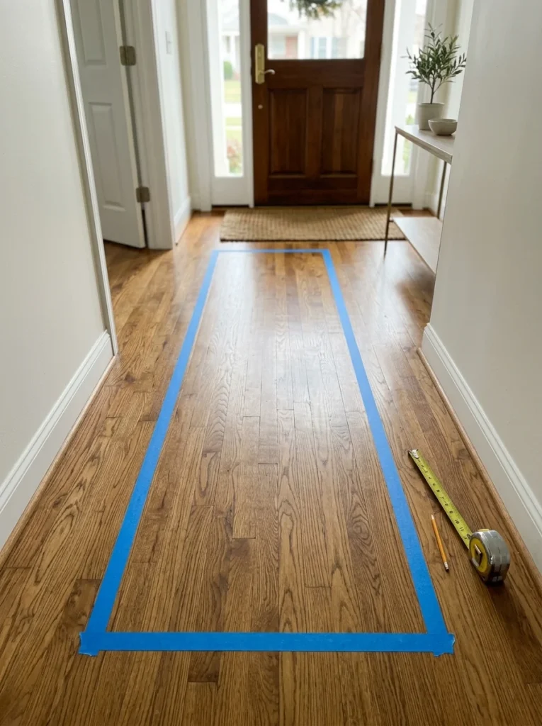 Painter's tape template used to plan an entryway runner size