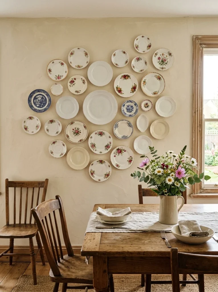 Vintage floral and white plates arranged as decorative dining room wall art.