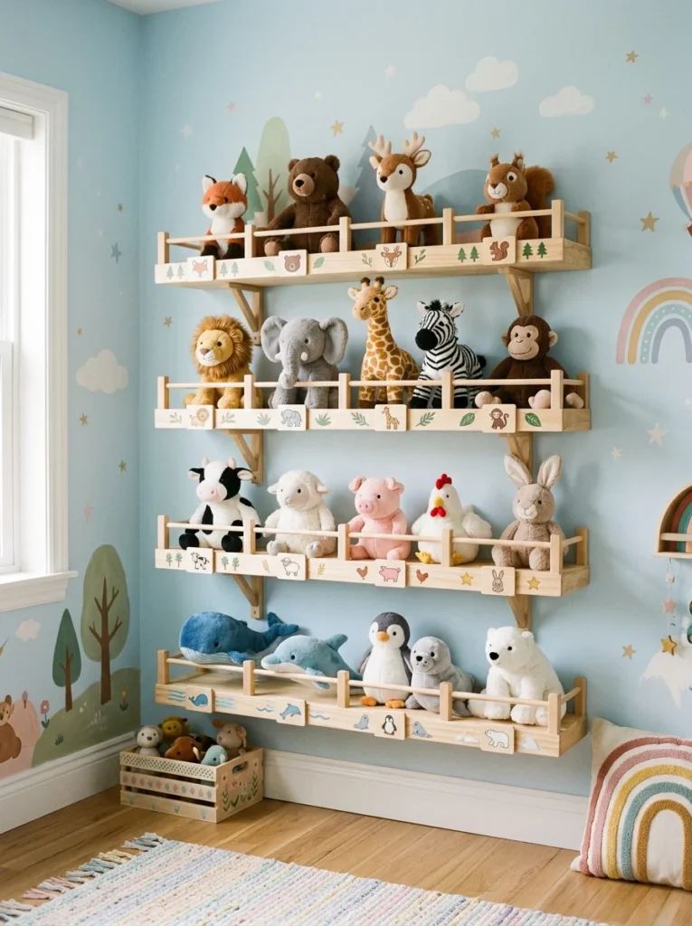 Playful stuffed animal zoo wall display in a child's room