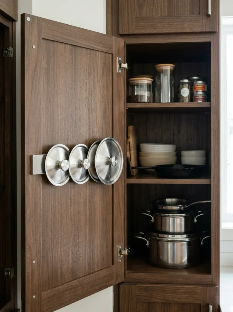 Magnetic strip organizing small metal cookware lids