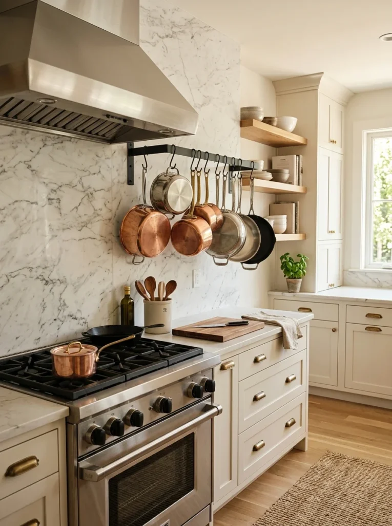 Wall-mounted pot rack organizing cookware beside a stove
