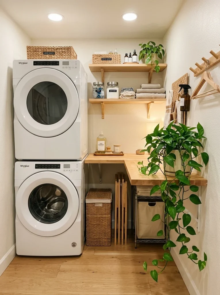 Trailing pothos plant adding greenery to a compact laundry room.