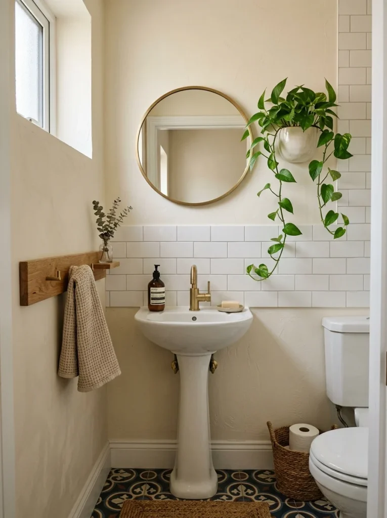 Small bathroom with a wall-mounted pothos planter beside the mirror.