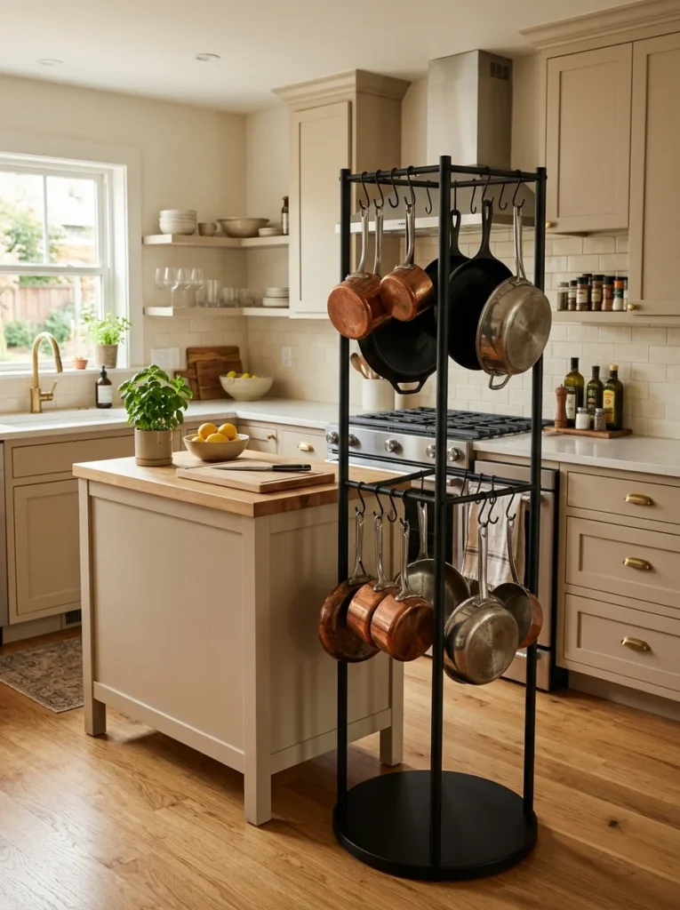 Freestanding pot rack providing cookware storage in a kitchen