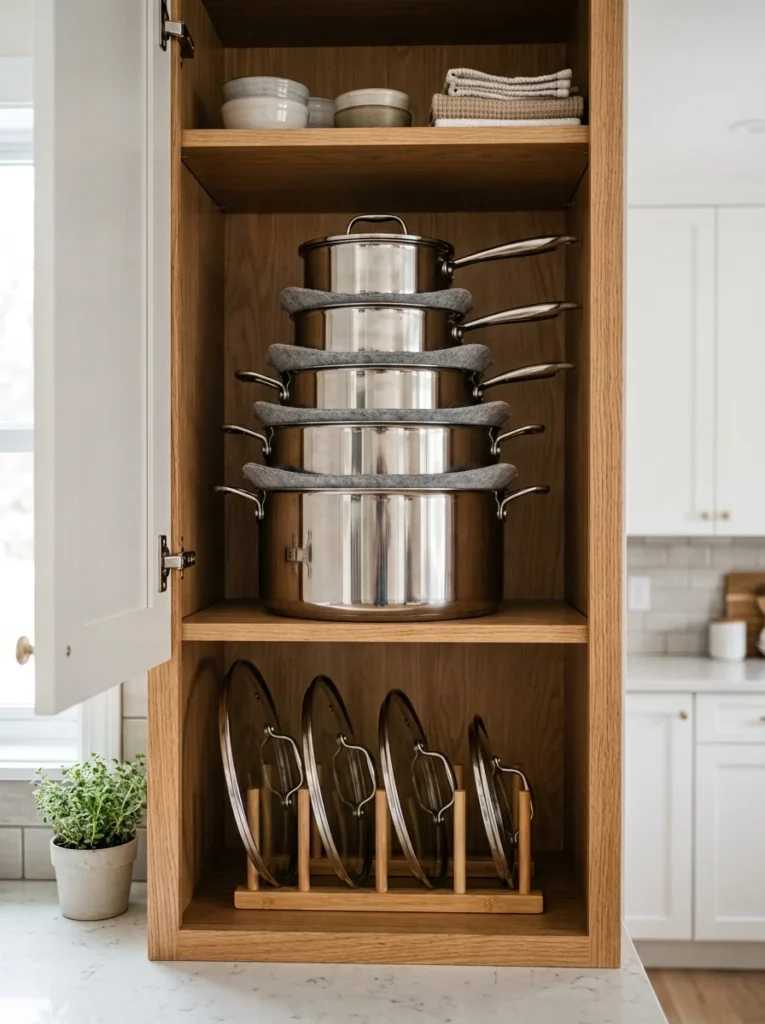 Nested pots separated with protective padding in a kitchen cabinet